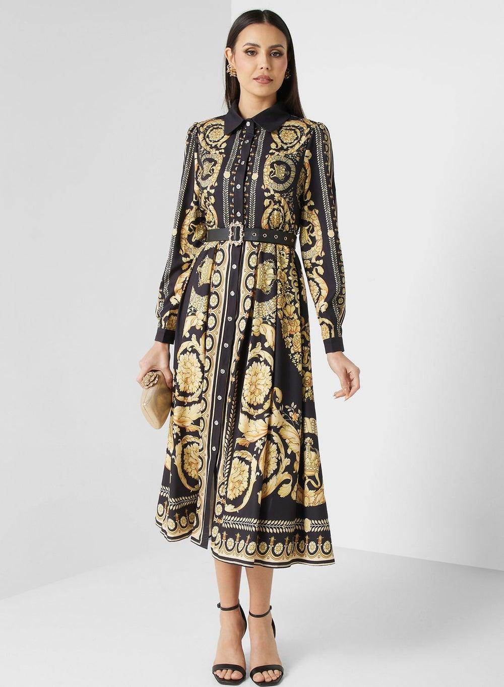 Gold Baroque Print Long Sleeve Midi Dress - Image 1