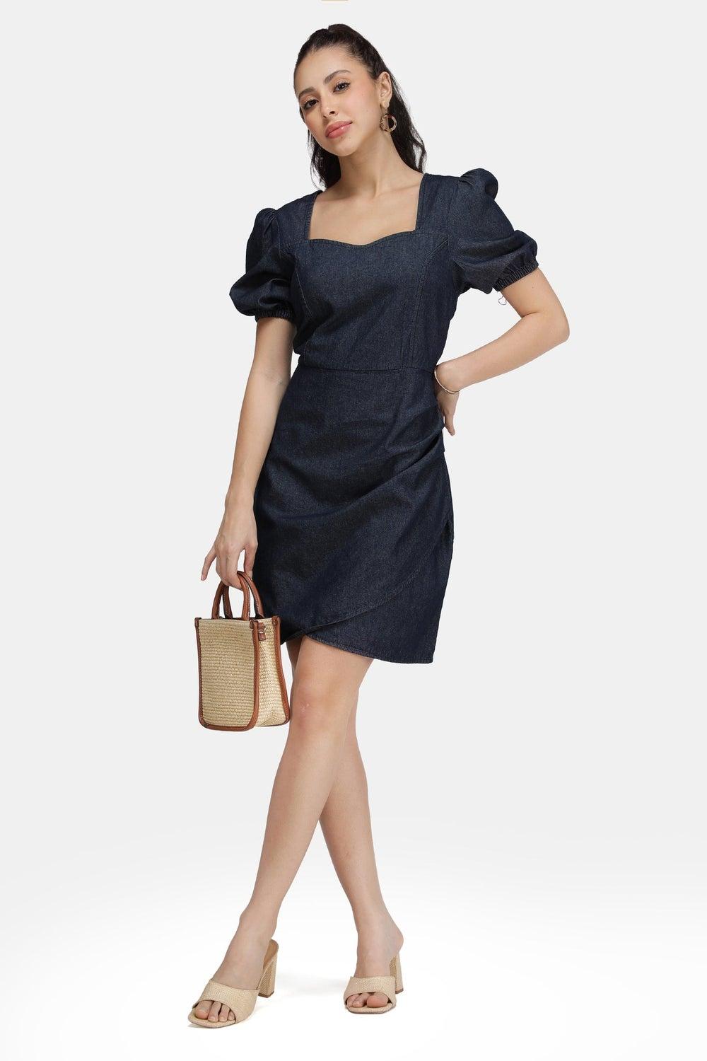 Cotton Denim Pleated Mini Dress with Puff Sleeves - Image 1