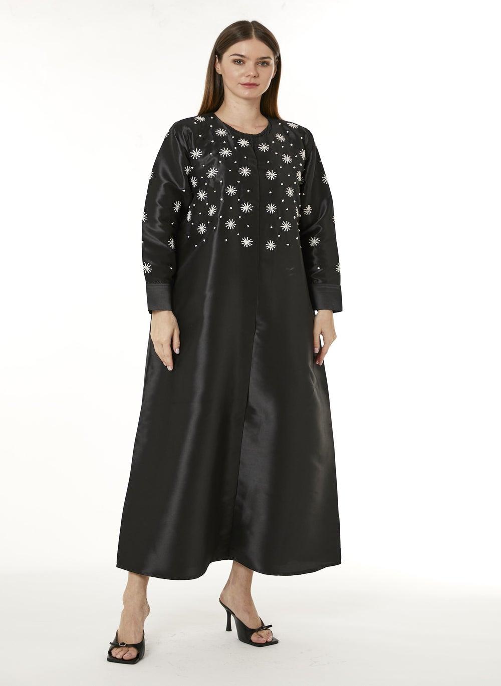 Black Victoria Satin Embroidered Abaya with Matching Scarf - Image 1