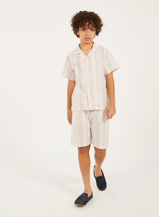 Striped Textured Shirt and Shorts Set for Boys - Image 1