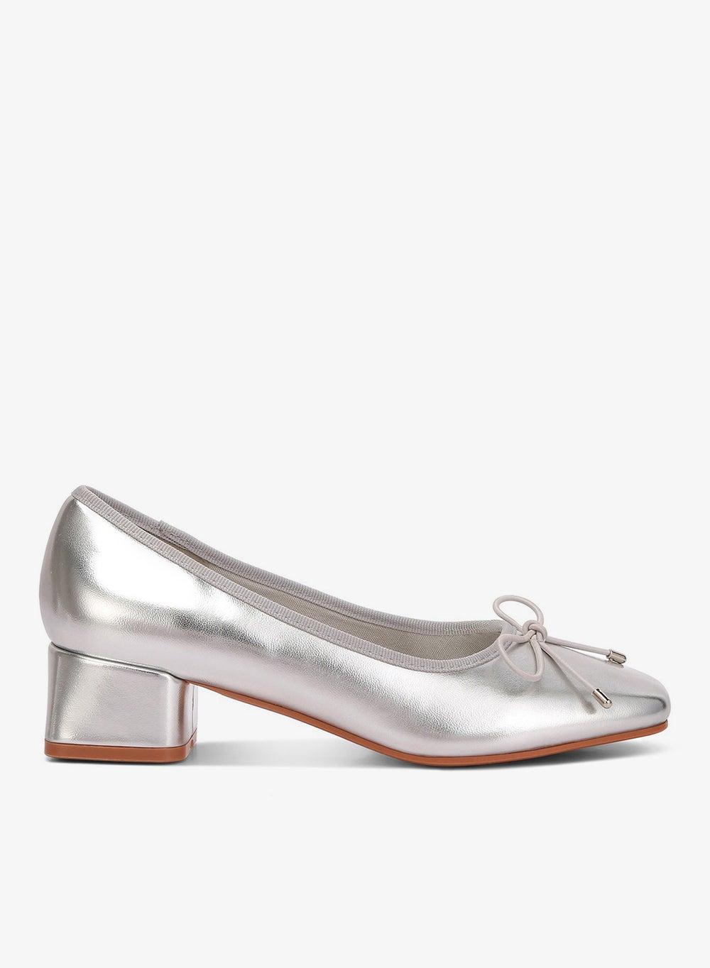 Metallic Silver Low Block Heel Ballerinas with Bow Detail - Image 1