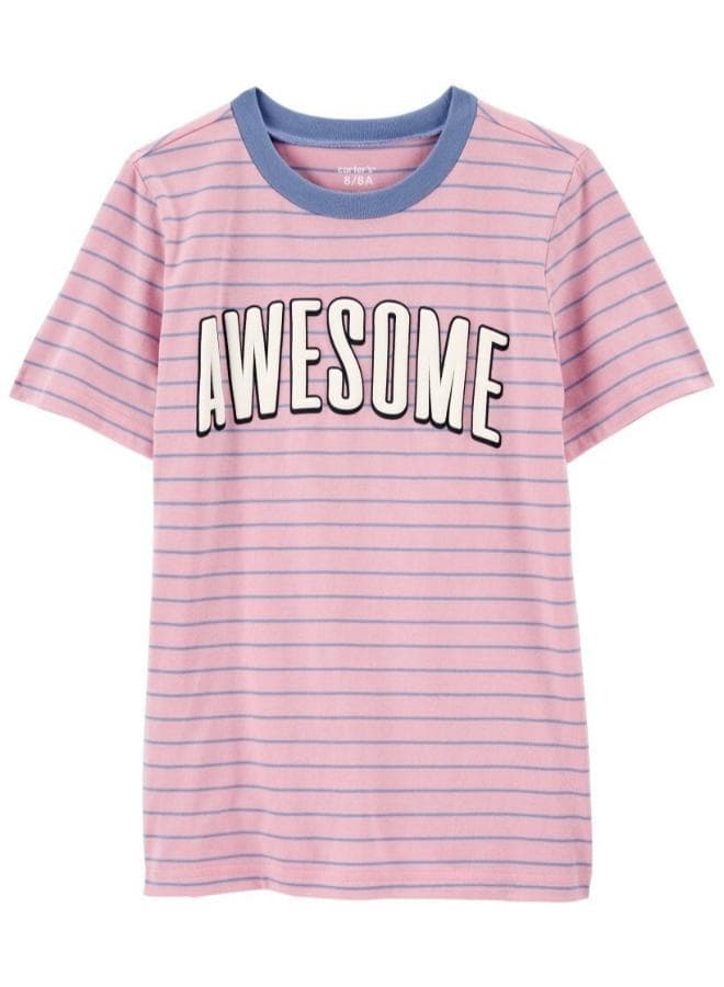 Kids Striped Crew Neck Graphic T-Shirt - Image 1