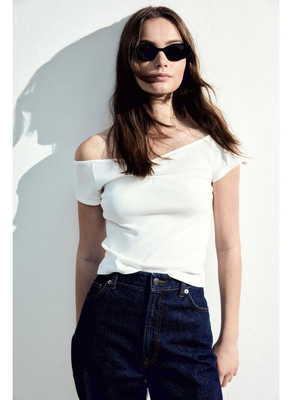 Ribbed Boat-Neck Fitted Cotton Jersey Top - Image 1