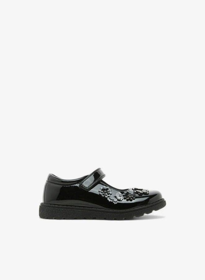 Flower Applique Girls School Shoes with Hook and Loop - Image 1