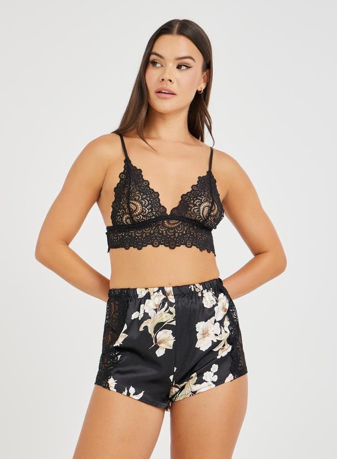 Scallop Edge Lace Bralette and Floral Lace Shorts Set - Image 1