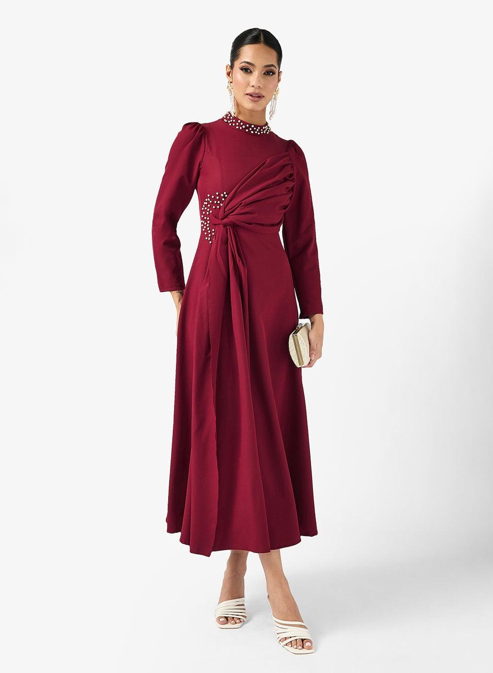 Embellished Draped A-Line Midi Dress - Image 1