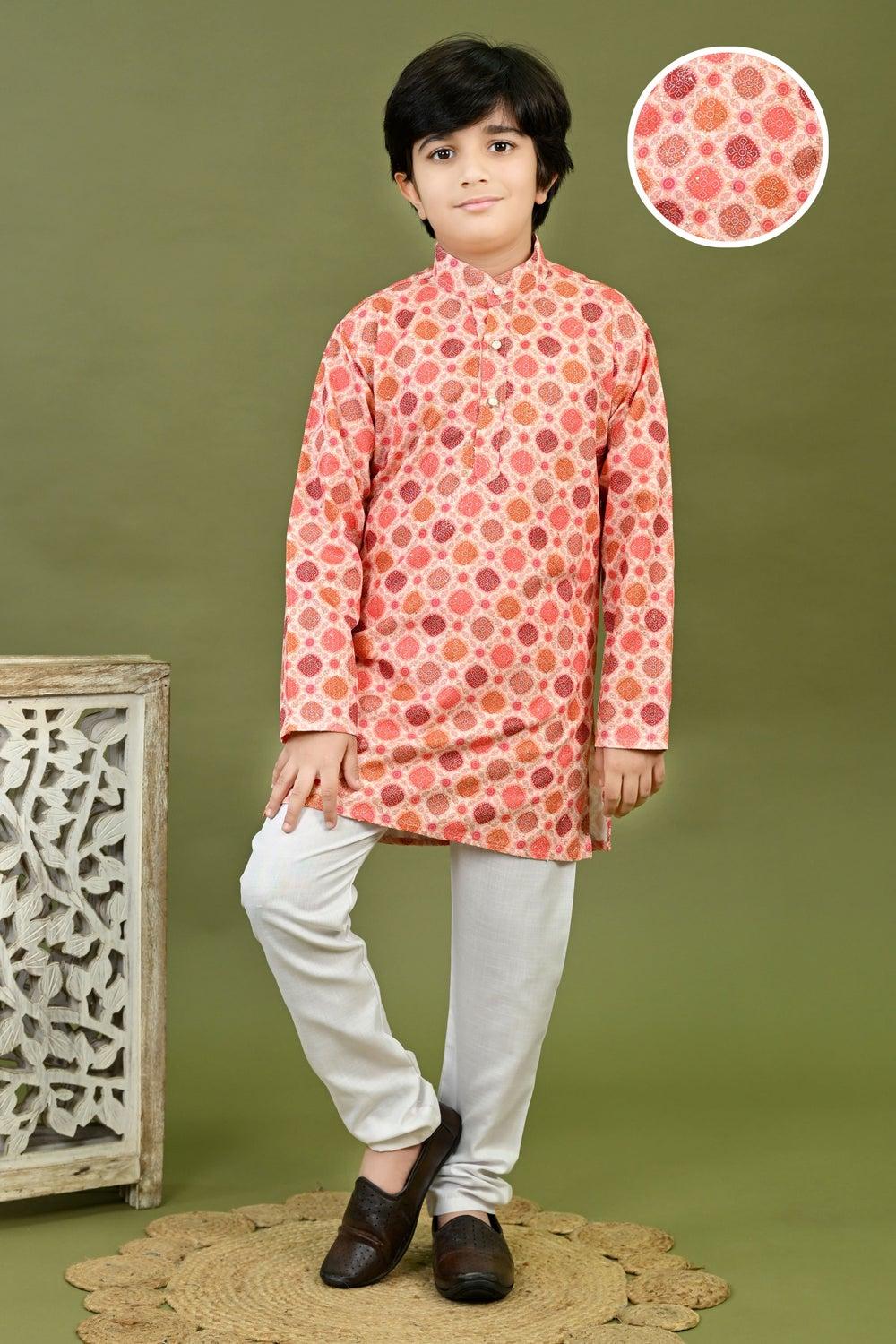 Peach Bandhani Printed Boys Kurta & Pyjama Set - Image 1