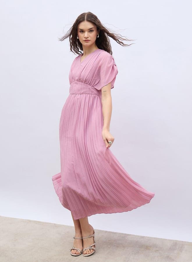 Solid Ruched Extended Sleeve Pleated A-Line Maxi Dress - Image 1