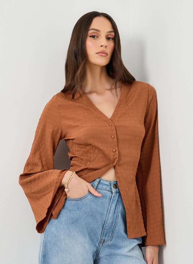 Brown Textured V-Neck Button Flared Sleeve Shirt - Image 1