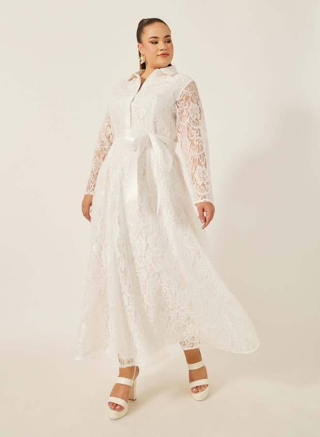 White Lace A-Line Maxi Dress with Satin Belt - Image 1
