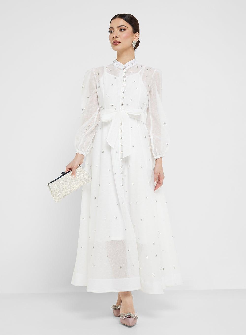Belted A-Line Sheer Midi Dress - Image 1