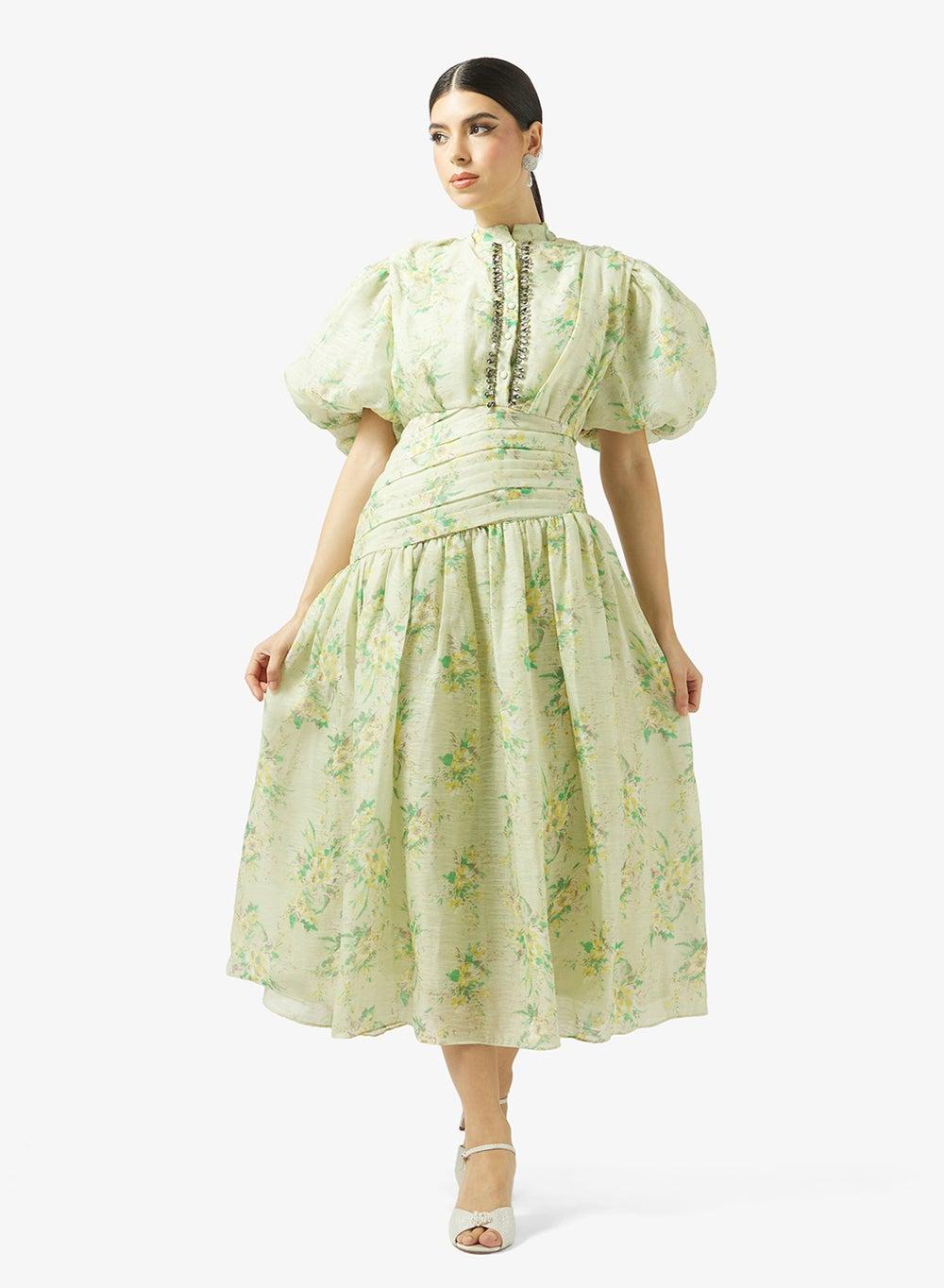 Floral Puff Sleeve Midi Dress with Beaded Trim - Image 1