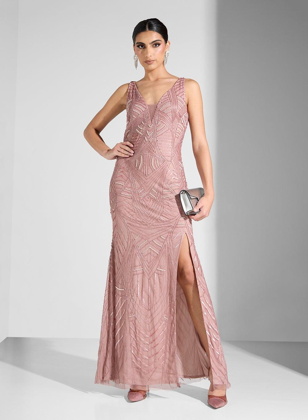 Dusty Pink Geometric Sequin V-Neck Maxi Gown - Image 1