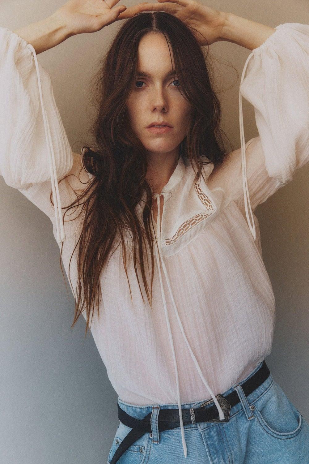 Lace-Inset Crinkled Linen Blend Blouse - Image 1