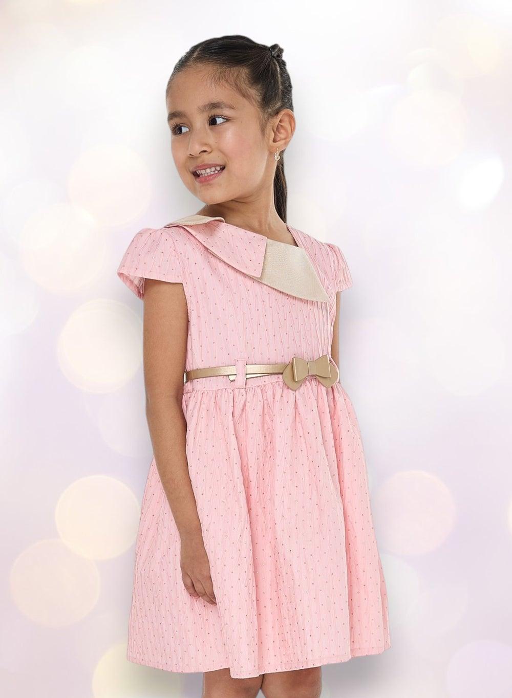 Pink Collared Fit-and-Flare Dress with Bow Belt - Image 1