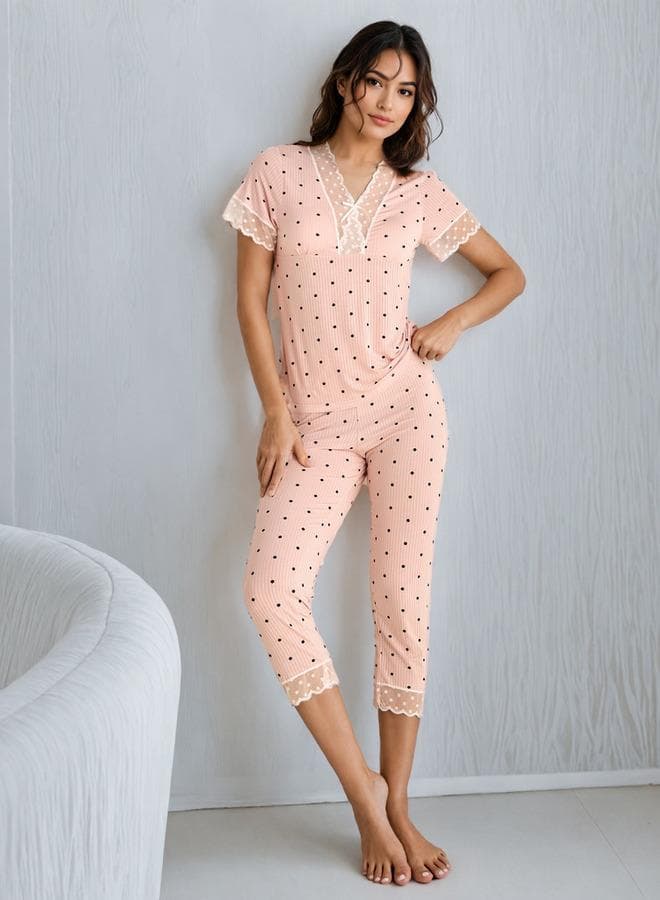 Polka Dot Lace Top Pyjama Set - Image 1