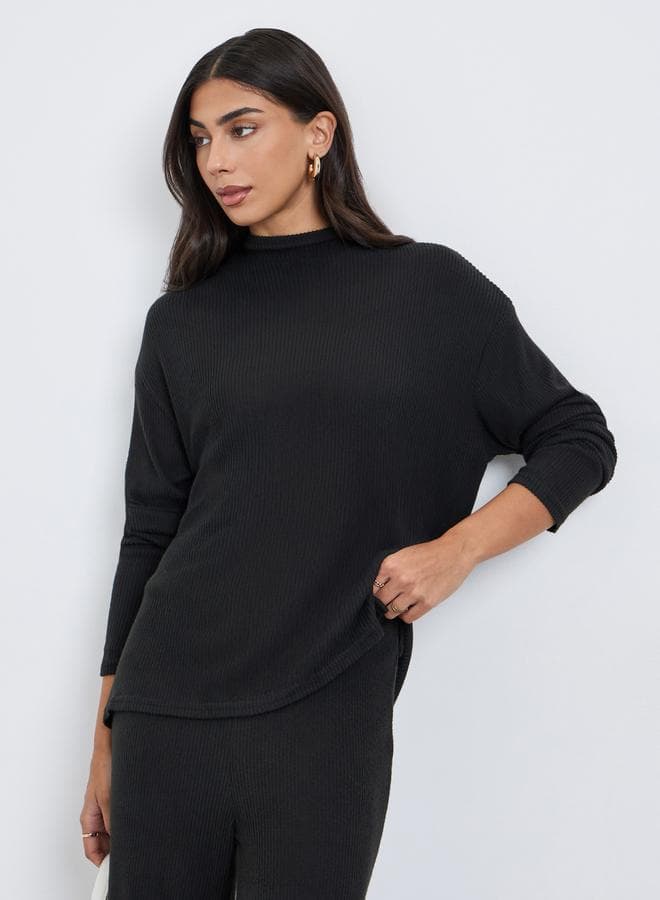 Styli Black Ribbed Dropped Shoulder Knit Top with Slit - Image 1