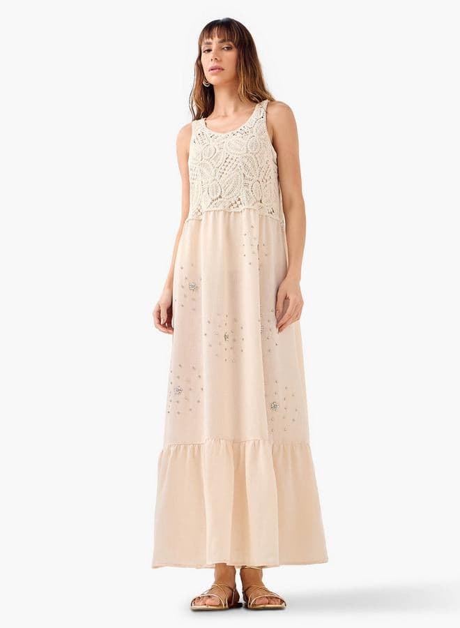 Crystal Embellished Sleeveless Maxi Dress with Crochet Detail - Image 1