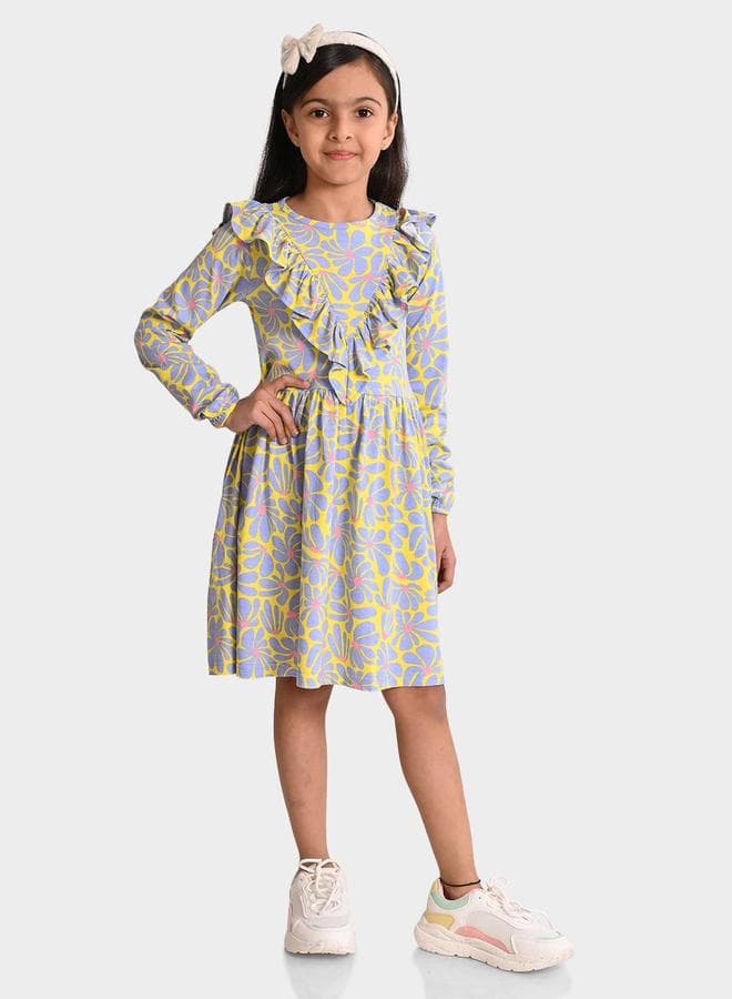 Yellow & Multicolour Cotton Printed Regular Fit Dress - Image 1