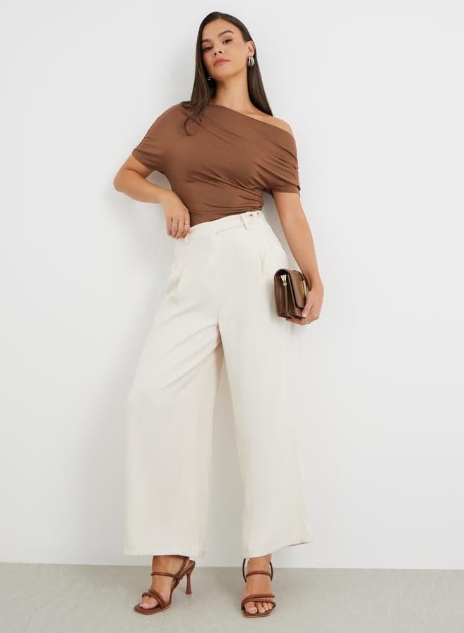 Cream Wide Leg Fold Pleated Pants - Image 1