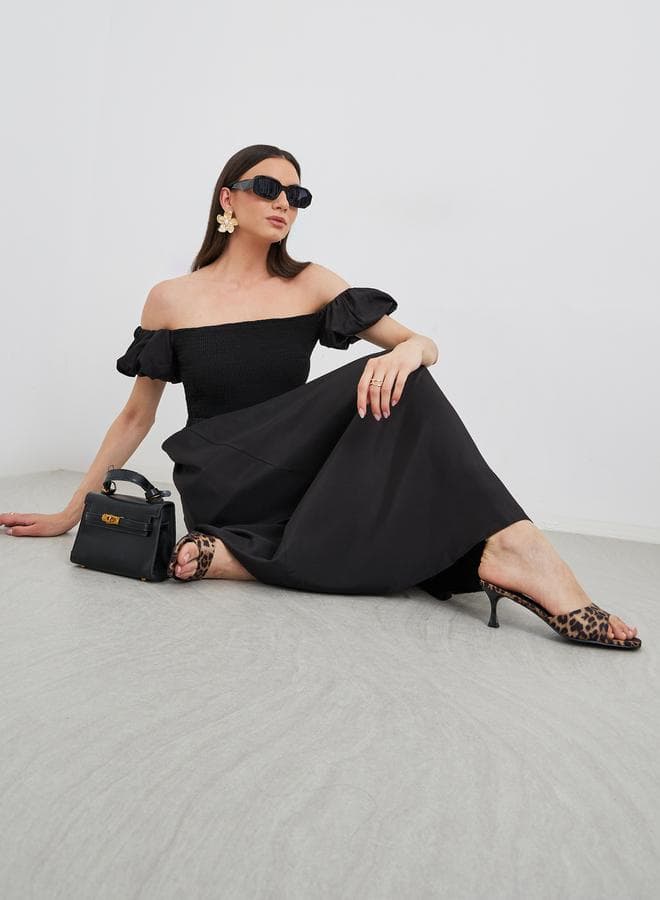 Solid Puff Sleeve Smocked Detail Midi Dress - Image 1