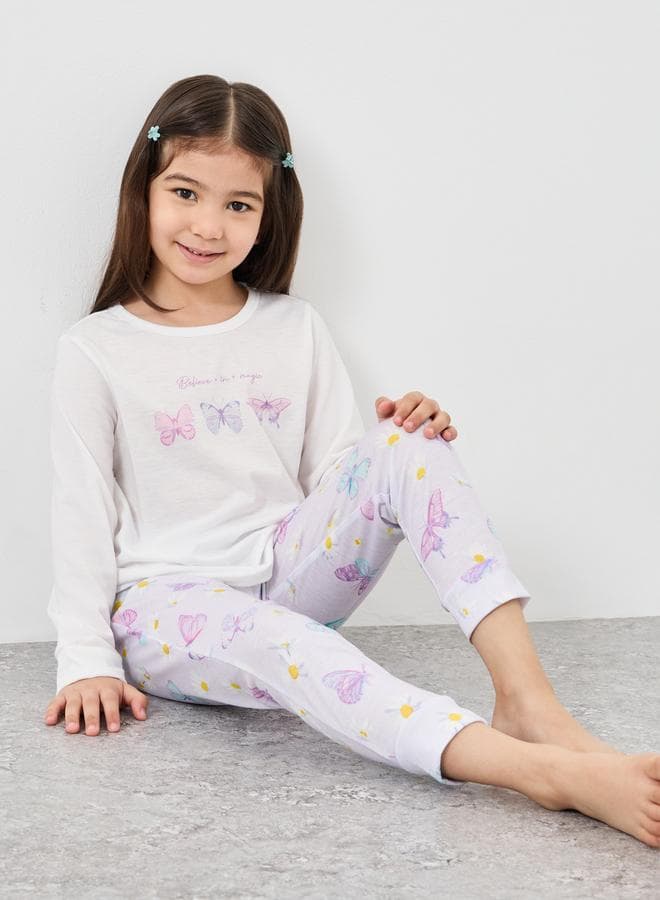 Girls Butterfly Print T-Shirt and Pyjama Set - Image 1