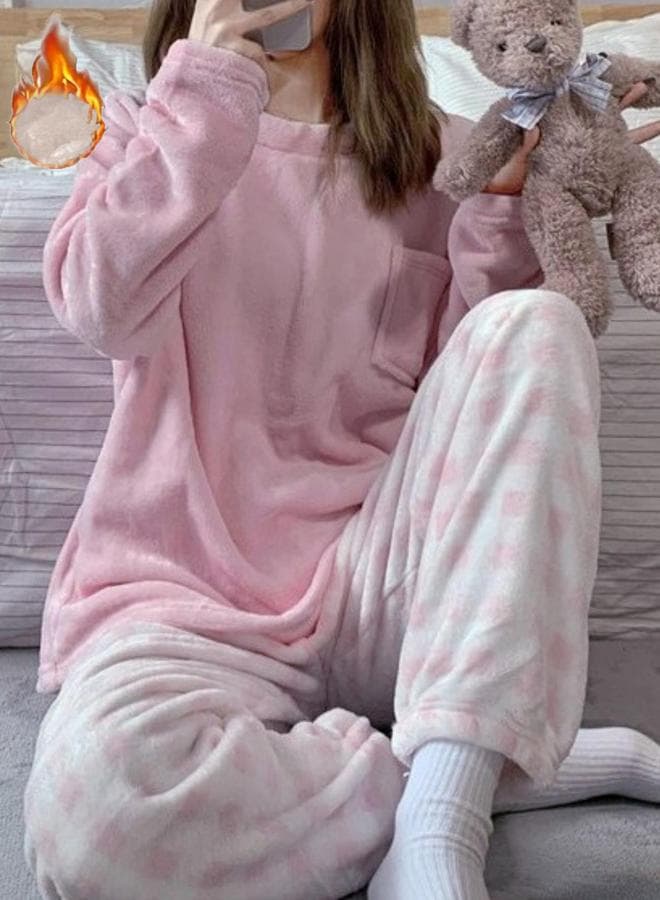 Take Two Pink Flano Checked Pocket Detail Pyjama Set - Image 1