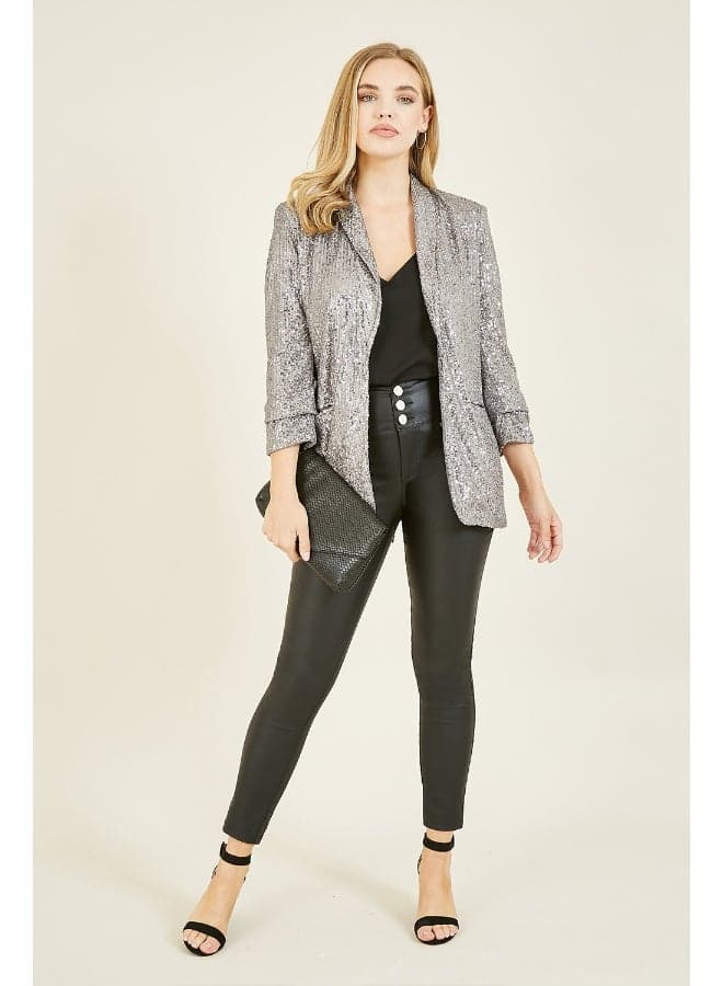 Yumi Silver Sequin Blazer With Pockets - Image 1