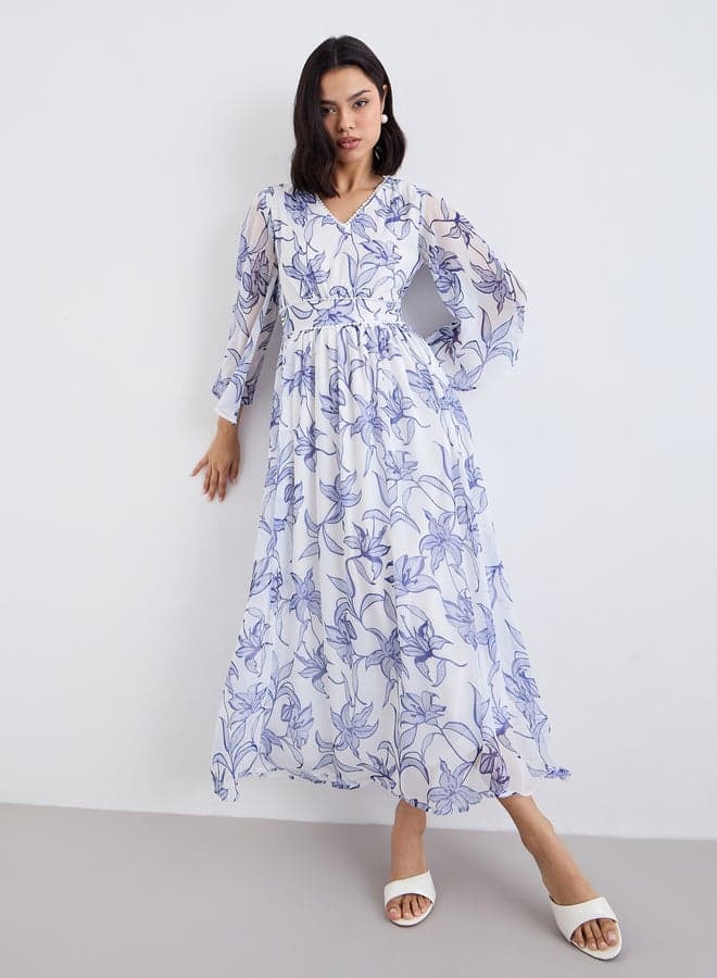 White Floral Maxi Dress with Volume Sleeves - Image 1
