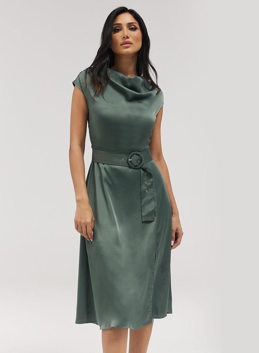 Cowl Neck Midi Dress With Slit And Belt - Image 1