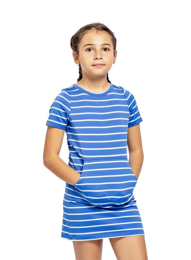 Girls Blue Striped T-Shirt Dress with Front Pocket - Image 1