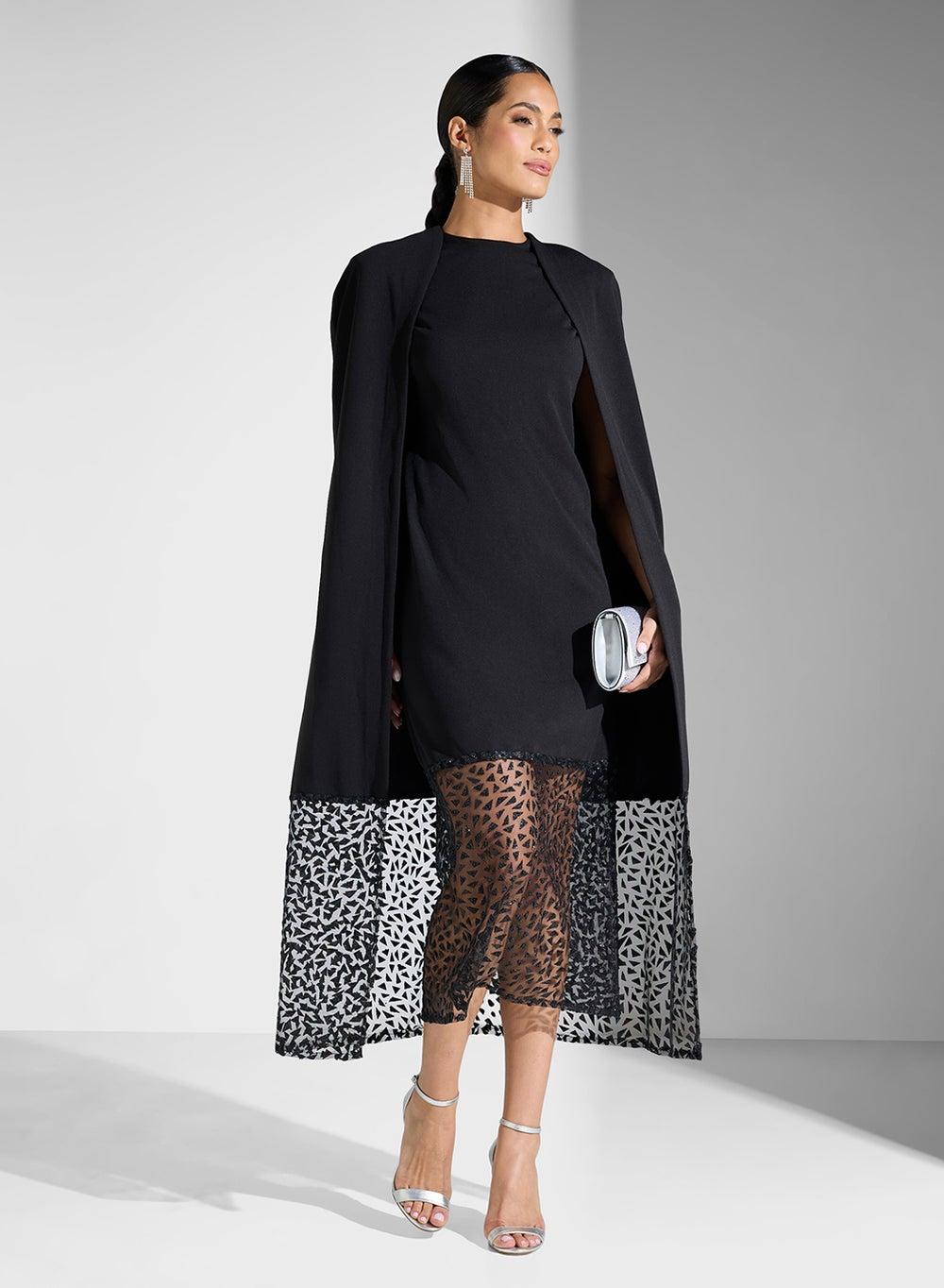 Sheer Overlay Black Midi Dress with Matching Cape - Image 1