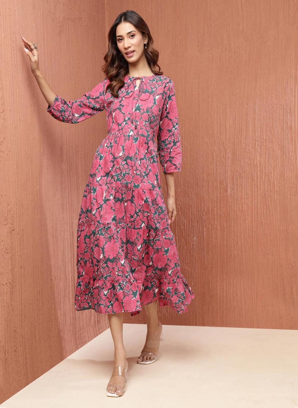 Pink Floral Tiered Midi Dress with Long Sleeves - Image 1