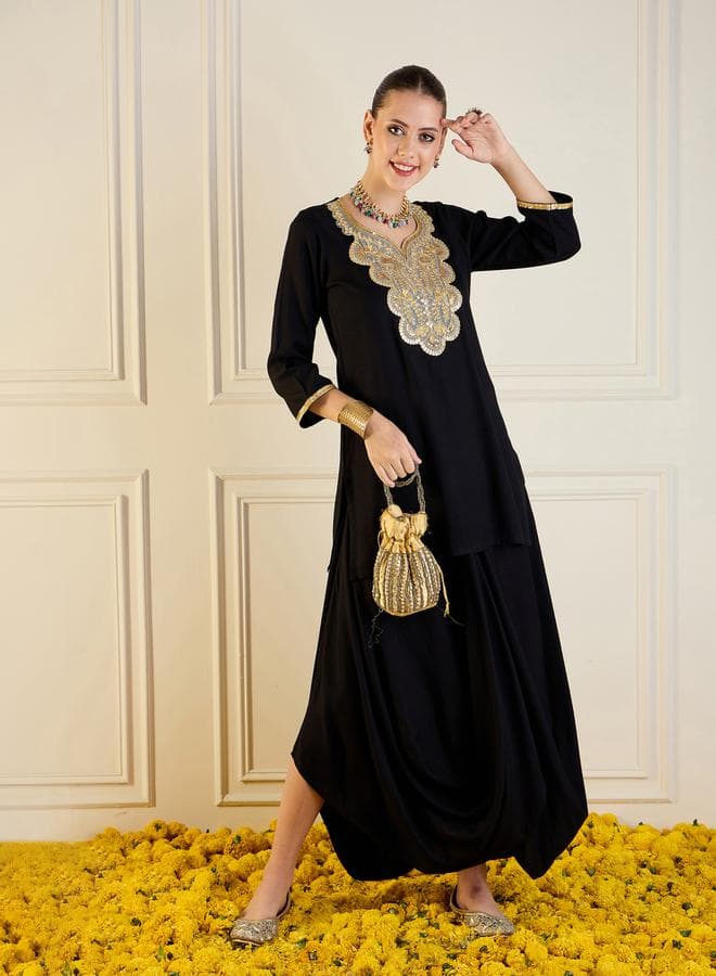 Embroidered Short Kurta and Maxi Skirt Co-ord Set - Image 1