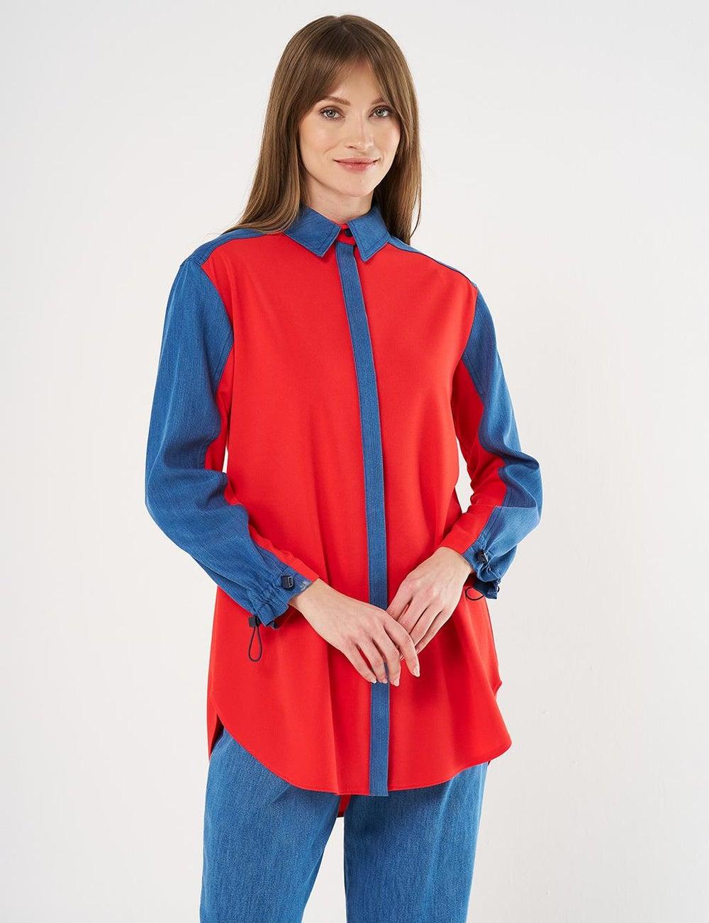 Red Denim-Trimmed Shirt Collar Tunic - Image 1