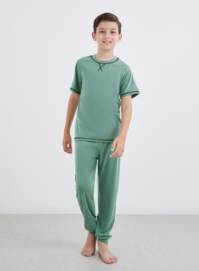 Boys Green Overlock Seam T-Shirt and Pyjama Set - Image 1