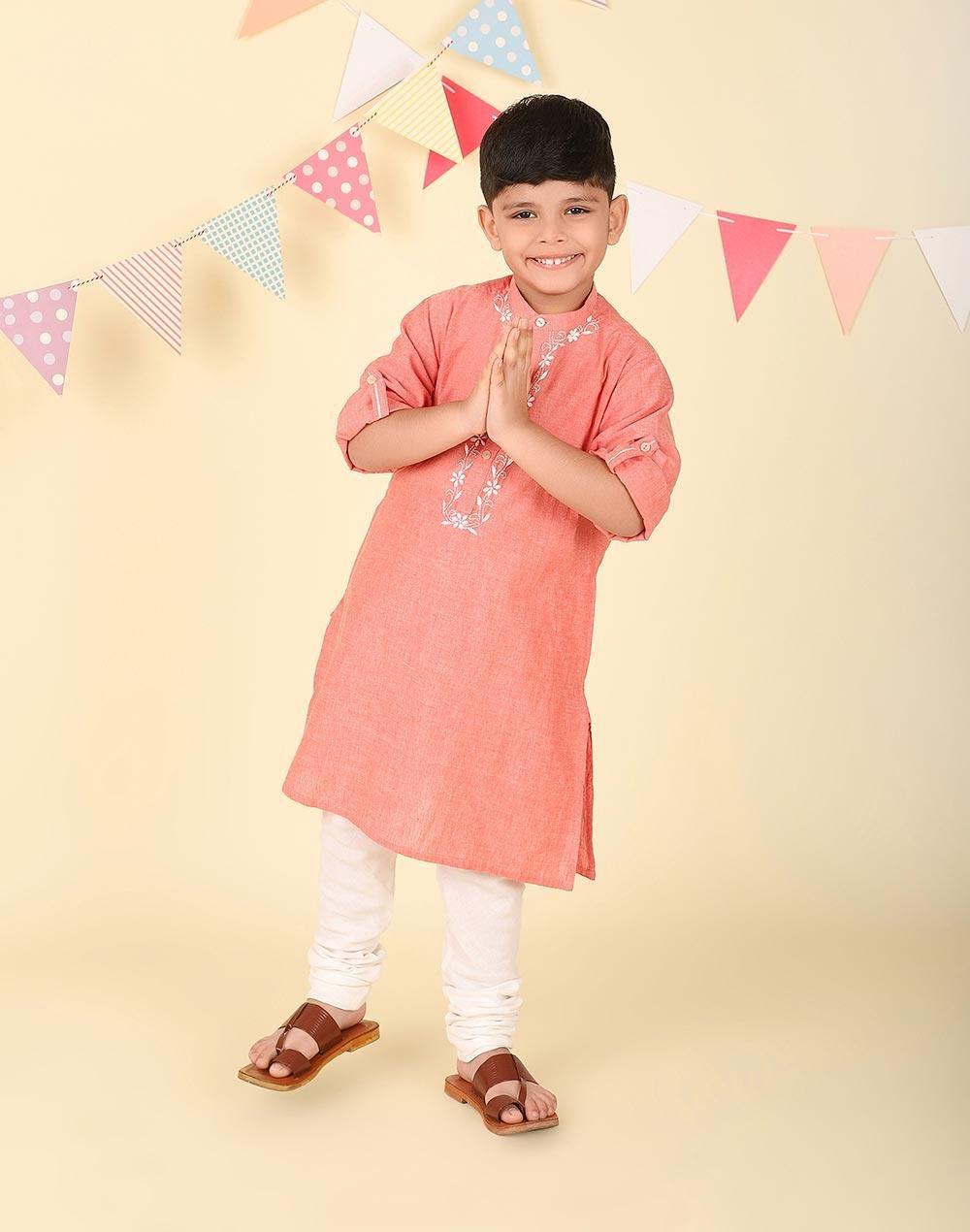 Pink Cotton Chikankari Long Kurta for Boys - Image 1