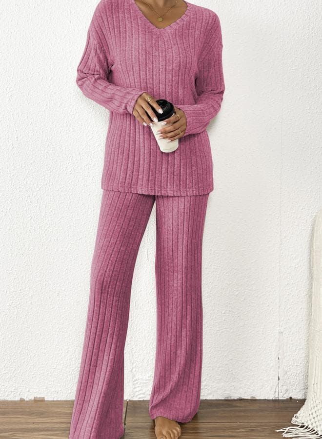 Take Two Pink Ribbed Knit V Neck Pyjama Set - Image 1