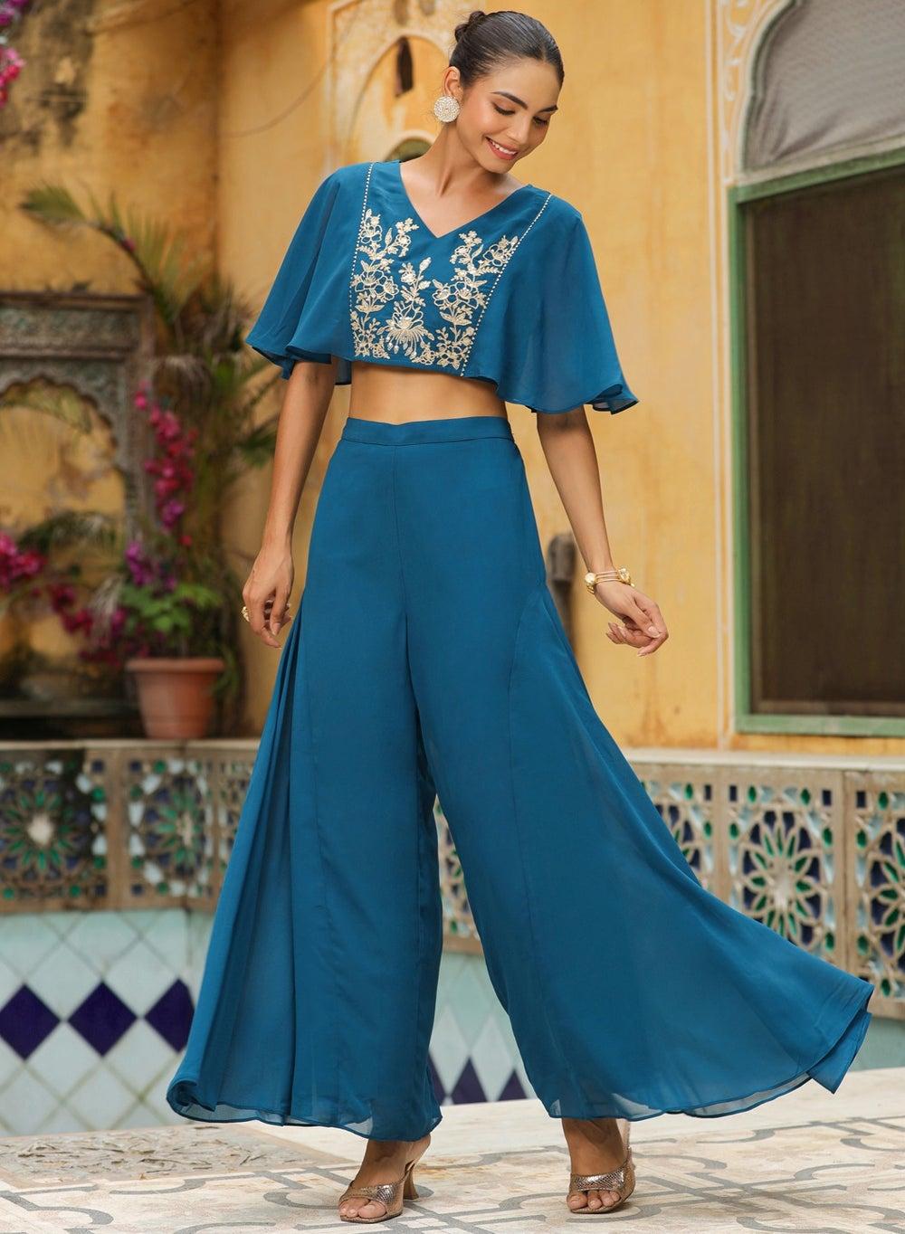 Teal Weightless Georgette Embroidered Crop Top Co-Ord Set - Image 1