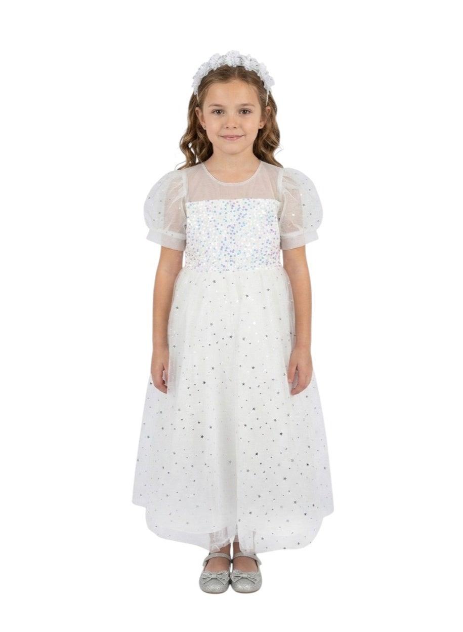White Party Dress with Sequin Stars for Girls - Image 1