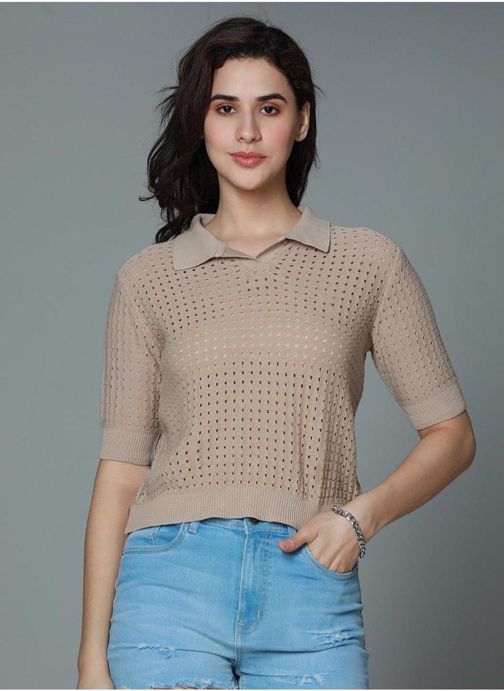 Brown Crochet Polo Top with Spread Collar for Women - Image 1