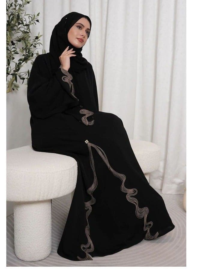 Amara Luxury Black Abaya with Beige Embroidery - Image 1
