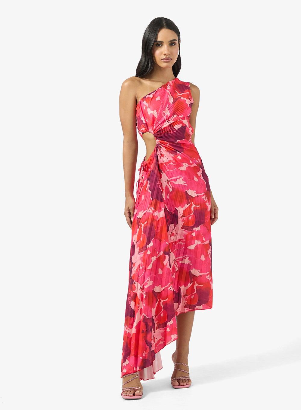One Shoulder Blurred Floral Pleated Midi Dress - Image 1