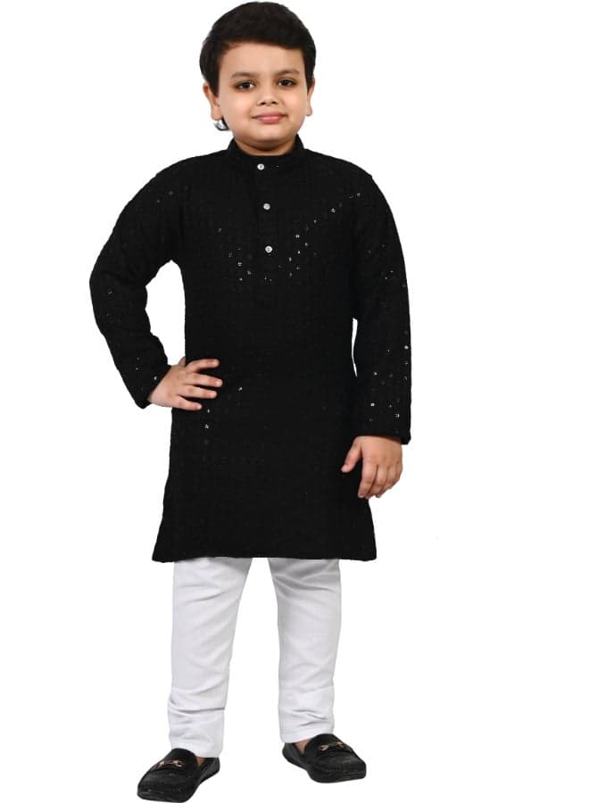 Black Chikankari Kurta and Pyjama Set for Boys - Image 1