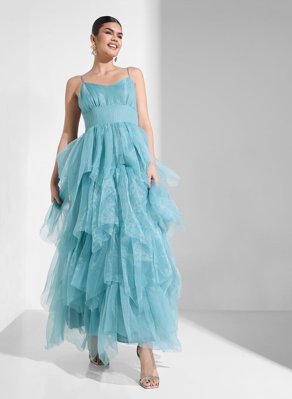 Tiered Tulle Maxi Dress with Spaghetti Straps - Image 1