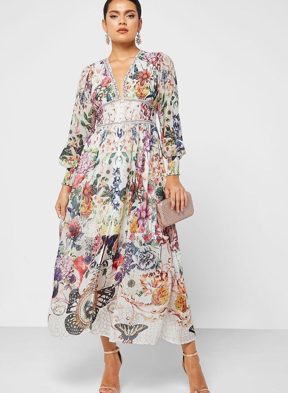 Floral Print Chiffon Midi Dress - Image 1