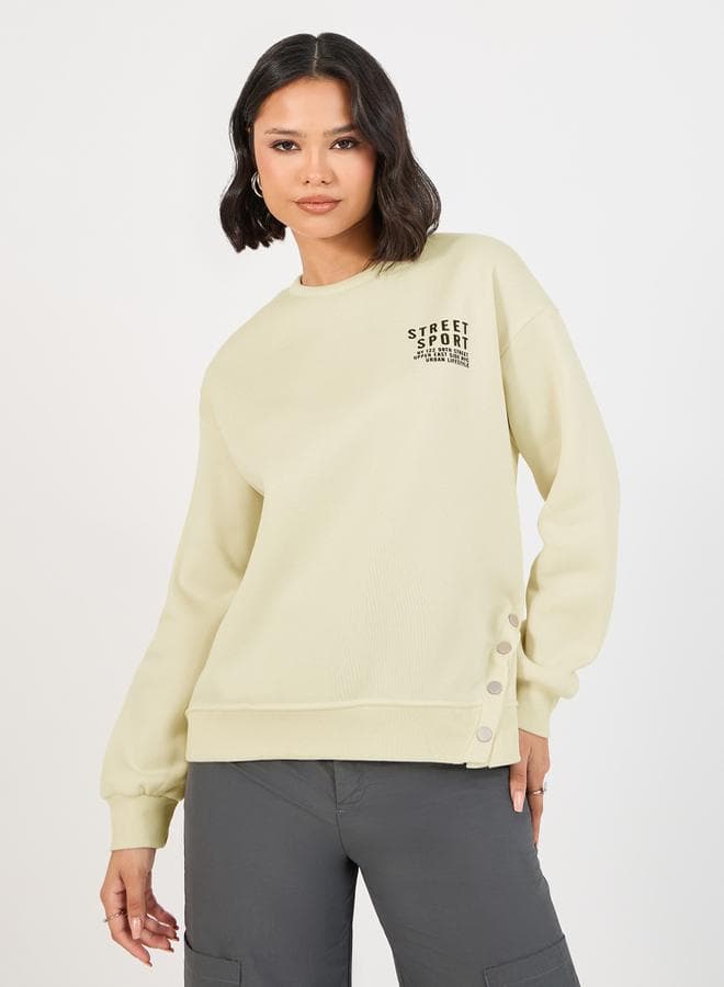 Dropped Shoulder Printed Sweatshirt with Button Detail - Image 1