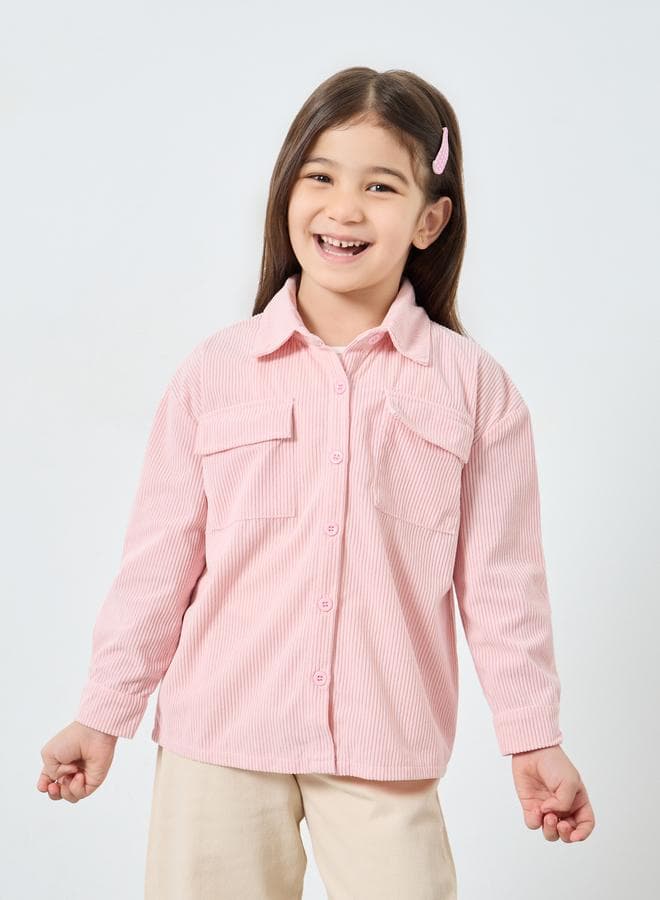 Styli Girls Pink Corduroy Shirt with Flap Pockets - Image 1