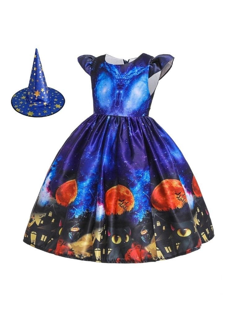 Blue Halloween Printed Dress for Girls - Image 1