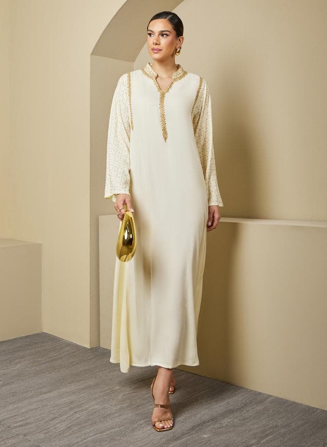 Embellished Stand Collar Lace A-Line Jalabyia - Image 1